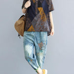 Women Blue Yellow V Neck Cotton Linen Blouse Tops Summer
