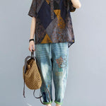 Women Blue Yellow V Neck Cotton Linen Blouse Tops Summer