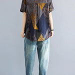 Women Blue Yellow V Neck Cotton Linen Blouse Tops Summer