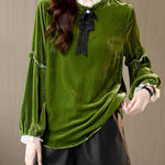 Women Green Ruffled Patchwork Velour Shirt Top Spring