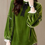Women Green Ruffled Patchwork Velour Shirt Top Spring