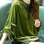 Women Green Ruffled Patchwork Velour Shirt Top Spring