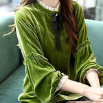 Women Green Ruffled Patchwork Velour Shirt Top Spring