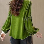 Women Green Ruffled Patchwork Velour Shirt Top Spring
