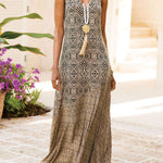 Women Khaki V Neck Patchwork Print Party Long Dress Sleeveless