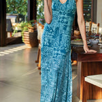 Women Khaki V Neck Patchwork Print Party Long Dress Sleeveless