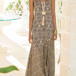 Women Khaki V Neck Patchwork Print Party Long Dress Sleeveless