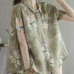 Women Peter Pan Collar Print Button Low High Design Linen Shirts Short Sleeve