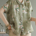 Women Peter Pan Collar Print Button Low High Design Linen Shirts Short Sleeve