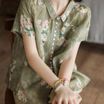 Women Peter Pan Collar Print Button Low High Design Linen Shirts Short Sleeve