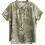 Women Peter Pan Collar Print Button Low High Design Linen Shirts Short Sleeve
