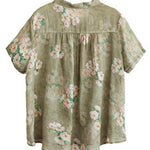 Women Peter Pan Collar Print Button Low High Design Linen Shirts Short Sleeve
