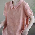Women Pink Peter Pan Collar Patchwork Summer Ramie Shirts Short Sleeve