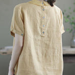 Women Pink Peter Pan Collar Patchwork Summer Ramie Shirts Short Sleeve