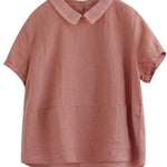 Women Pink Peter Pan Collar Patchwork Summer Ramie Shirts Short Sleeve