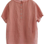 Women Pink Peter Pan Collar Patchwork Summer Ramie Shirts Short Sleeve