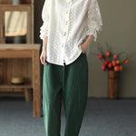 Women White Embroidery shirts Lapel white button loose Spring blouse