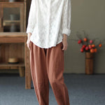 Women White Embroidery shirts Lapel white button loose Spring blouse
