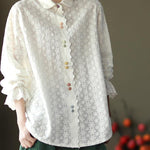 Women White Embroidery shirts Lapel white button loose Spring blouse