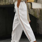 Women White Pockets Elastic Waist Cotton Crop Pants Summer