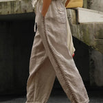 Women White Pockets Elastic Waist Cotton Crop Pants Summer