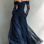 Elegant Navy Organza Off-Shoulder Fitted Maxi Dress
