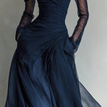 Elegant Navy Organza Off-Shoulder Fitted Maxi Dress