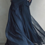 Elegant Navy Organza Off-Shoulder Fitted Maxi Dress