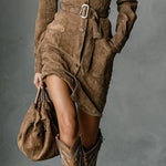 Adeline | Faux Suede Belted Midi Dress