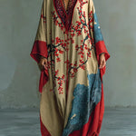 Japanese Red Plum Blossom Print Batwing Sleeve Maxi Dress