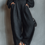 Black Off-the-shoulder Long-sleeved Top And Wide-leg Pants Set