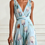 Light Blue Floral Print Chiffon V-neck Sleeveless Maxi Dress