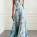 Light Blue Floral Print Chiffon V-neck Sleeveless Maxi Dress
