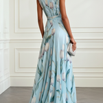 Light Blue Floral Print Chiffon V-neck Sleeveless Maxi Dress