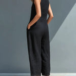 Black Minimalist Faux Linen Button-down Collar Sleeveless Loose-fitting Jumpsuit