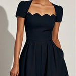 Black Irregular Craftsmanship Classic Square Neck Short Sleeve A-Line Midi Dress