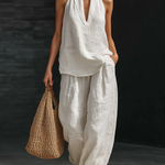 White Faux Linen V-neck Sleeveless Top And Wide-leg Pants Set