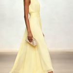 Yellow Chiffon Round Neck Sleeveless A-line Pleated Maxi Dress