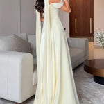 Cream Ribbon Off-shoulder Pleated Maxi Dress