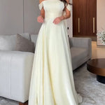 Cream Ribbon Off-shoulder Pleated Maxi Dress