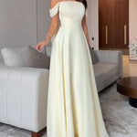 Cream Ribbon Off-shoulder Pleated Maxi Dress