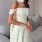 Cream Ribbon Off-shoulder Pleated Maxi Dress