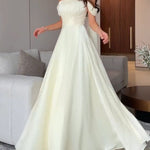 Cream Ribbon Off-shoulder Pleated Maxi Dress