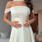 Cream Ribbon Off-shoulder Pleated Maxi Dress