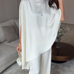 White Satin Irregular Top And Pants Two-piece Set