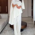 White Satin Irregular Top And Pants Two-piece Set