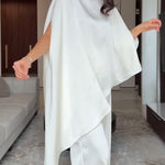 White Satin Irregular Top And Pants Two-piece Set