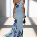 Light Blue Satin Ink Painting Print Off-shoulder Maxi Dress