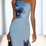 Light Blue Satin Ink Painting Print Off-shoulder Maxi Dress