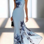 Light Blue Satin Ink Painting Print Off-shoulder Maxi Dress